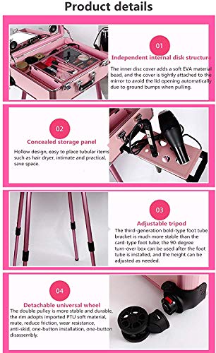 BYCDD Maquillaje de Tren Maleta con Ruedas, Estuche Cosméticos El Artista Maletín Maquillaje Trolley para Peluquería, Maquilladores, Esteticistas Bolsas,Pink