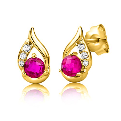 ByJoy Pendientes Mujer Plata de Ley (925/1000) Plata Redondo Rojo Rubí Sintético Circonita