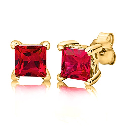 ByJoy Pendientes Mujer Plata de Ley (925/1000) Plata Talla Princesa Rojo Rubí Sintético Rubí