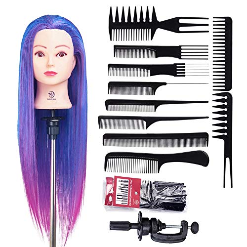 Cabeza de Maniquí, SIGHTLING 66cm/26" 100% Cabello Sintético Practicas Formación Muñeca de la Cosmetología práctica maniquí con Soporte de Mesa + Conjunto de 10 peines profesionales