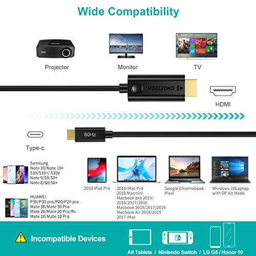 Cable USB C a HDMI(4K@60Hz),CHOETECH Cable HDMI a USB 3.1 Tipo C para iPad Pro Macbook Air 2019/2018 MacbookPro 2020/2019,Galaxy S20/S10/S10E/Note10/8/S9+ S8,HuaweiP30/40 Pro P20 Mate20 Pro etc(1.8m)