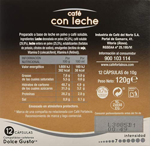 Café FORTALEZA - Cápsulas de Café Con Leche Compatibles con Dolce Gusto - Pack 3 x 12 - Total 36 cápsulas