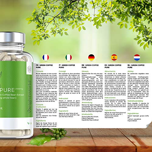 Café Verde Puro, Potente Fórmula 7000 mg - Suplemento Para Perder Peso y Antioxidante, Quemagrasas Natural, Reactiva Metabolismo Para Adelgazar, Green Coffee Puro, Dieta Keto, Vegano, 90 Cápsulas