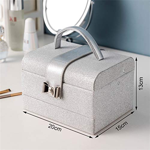 Caja de joyería de Moda de Cuero, Compartimento y Almacenamiento de cajones, Bolso de Mujer con Espejo de Alta definición, Adecuado para Pendientes, Anillo de lápiz Labial, Plata