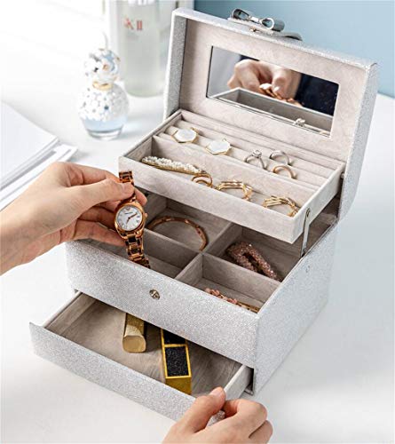 Caja de joyería de Moda de Cuero, Compartimento y Almacenamiento de cajones, Bolso de Mujer con Espejo de Alta definición, Adecuado para Pendientes, Anillo de lápiz Labial, Plata