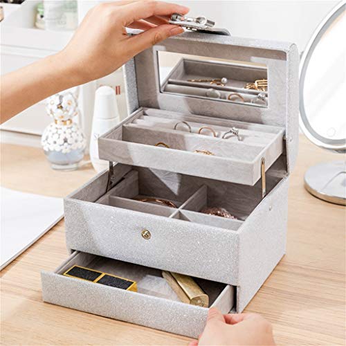 Caja de joyería de Moda de Cuero, Compartimento y Almacenamiento de cajones, Bolso de Mujer con Espejo de Alta definición, Adecuado para Pendientes, Anillo de lápiz Labial, Plata