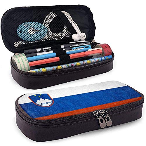 Caja de lápices de cuero de alta capacidad con bandera de Eslovenia Estuche de lápices Estuche de papelería Organizador de caja Bolígrafo de maquillaje escolar Bolso de cosméticos portátil