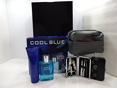Caja de regalo de lujo, cesta de regalo para él ~ azul frío 2pc perfume Set de regalo + L'Oreal Men Expert Wash Bag + 7 piezas de acero inoxidable Nail Care Personal Manicura & Pedicura Set.002.
