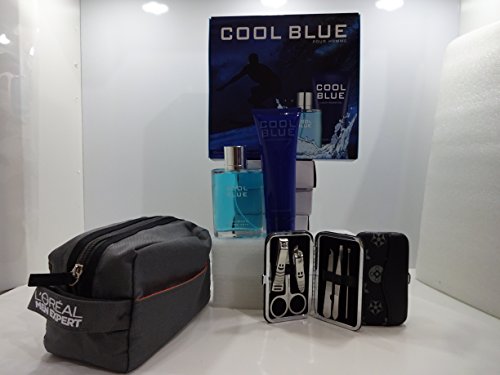 Caja de regalo de lujo, cesta de regalo para él ~ azul frío 2pc perfume Set de regalo + L'Oreal Men Expert Wash Bag + 7 piezas de acero inoxidable Nail Care Personal Manicura & Pedicura Set.002.