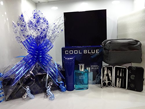Caja de regalo de lujo, cesta de regalo para él ~ azul frío 2pc perfume Set de regalo + L'Oreal Men Expert Wash Bag + 7 piezas de acero inoxidable Nail Care Personal Manicura & Pedicura Set.002.