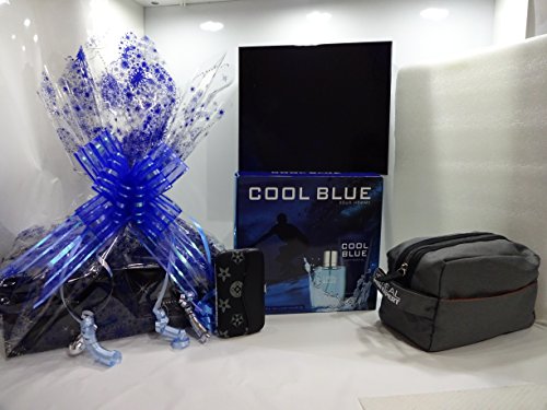 Caja de regalo de lujo, cesta de regalo para él ~ azul frío 2pc perfume Set de regalo + L'Oreal Men Expert Wash Bag + 7 piezas de acero inoxidable Nail Care Personal Manicura & Pedicura Set.002.