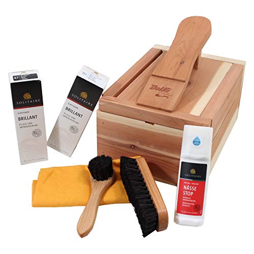 Caja para el cuidado del calzado de madera de cedro, nuevo con productos Solitaire para el cuidado de los zapatos bien arreglados