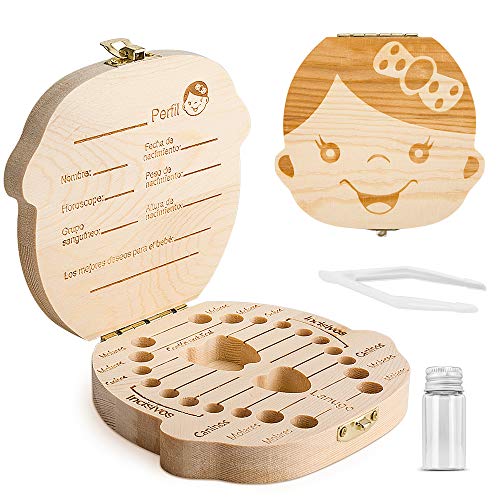 Caja para guardar dientes para niños y niñas, Regalo para niños en madera de souvenir, Acumulación de dientes (Niña)