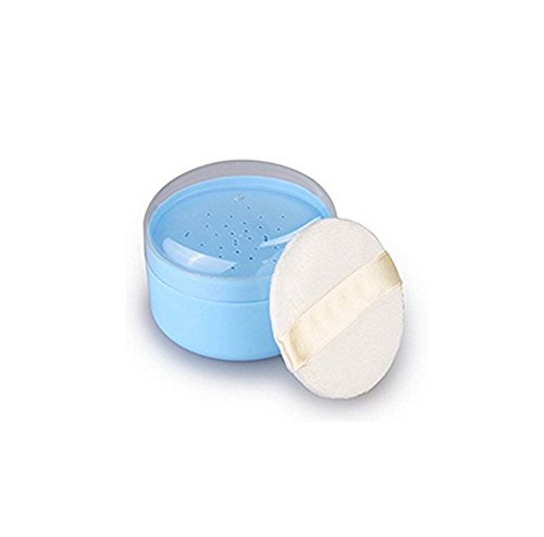 Caja portátil de plástico para polvos de talco, con esponja aplicadora (azul)