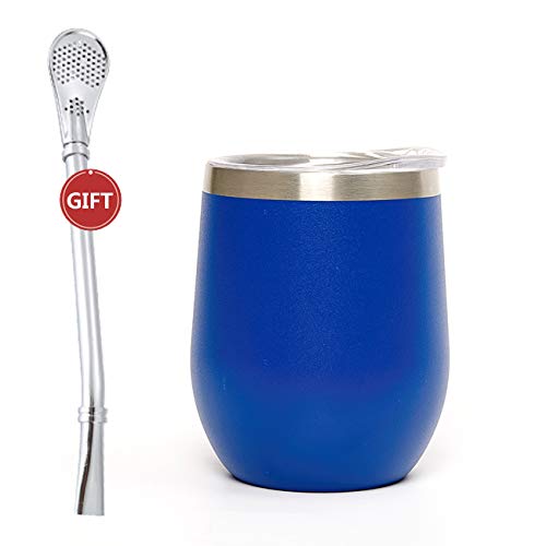Calabaza Yerba Mate mejorada de 12 oz - Taza moderna de mate con tapa libre de BPA - Acero inoxidable de doble pared - Incluye Pajita Bombilla - Azul marino