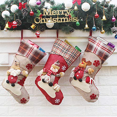 Calcetín de Navidad, tamaño Grande, 3 Piezas, 45,7 cm, diseño de Papá Noel, Reno, Chimenea Calcetines, Felpa 3D, para Decoraciones de Navidad, Suministros de Fiesta