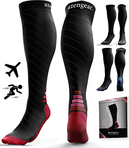 Calcetines de Compresión para Hombres y Mujeres - Medias de Compresion para Deporte - Maratones - Enfermeras - Estrés tibial Interior - Durante Embarazo (L/XL (42-47), Negro/Rojo)