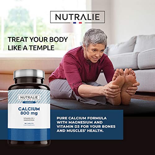 Calcio 800 mg con Magnesio y Vitamina D | Mantenimiento de Huesos, Dientes y Músculos Normales con Calcio, Magnesio y Vitamina D3 de Alta Absorción | 90 comprimidos Nutralie