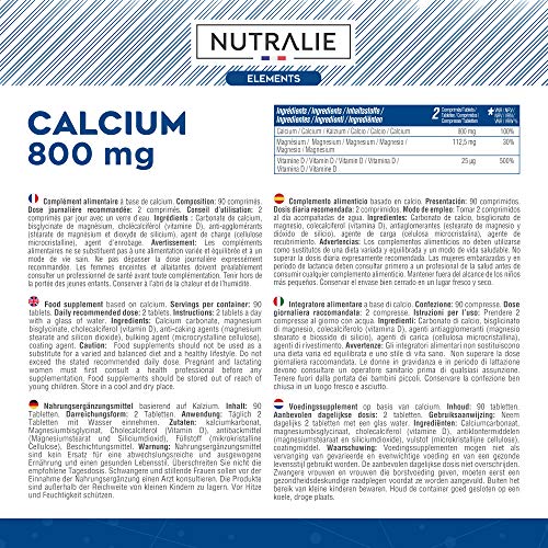 Calcio 800 mg con Magnesio y Vitamina D | Mantenimiento de Huesos, Dientes y Músculos Normales con Calcio, Magnesio y Vitamina D3 de Alta Absorción | 90 comprimidos Nutralie