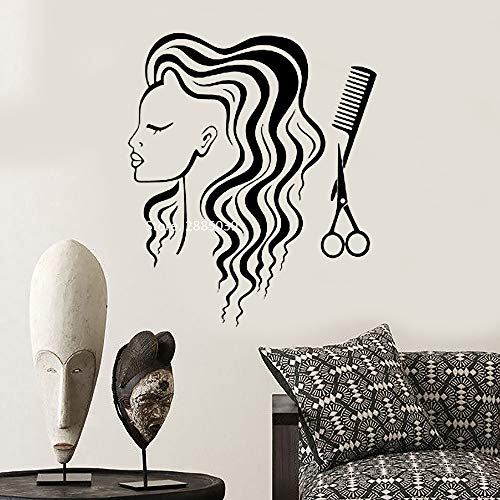 Calcomanías de pared de peluquería de cabello largo para niñas, decoración del hogar de vinilo, arte, pegatinas de pared, herramientas de belleza, tijeras, calcomanías de peine, 84 cm x 101 cm