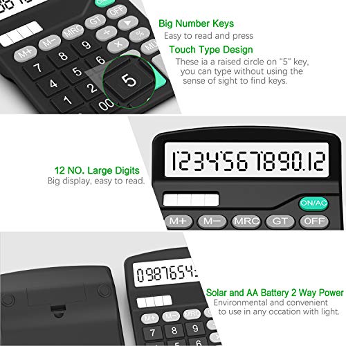 Calculadora,Splaks 2 Pack Calculadora de Escritorio estándar Funcional Sola y AA Batería Dual Power Calculadora Electrónica con 12 dígitos Pantalla Grande (1 Negro + 1 plata)