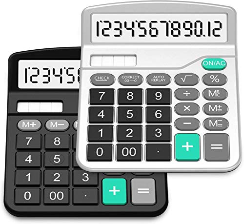 Calculadora,Splaks 2 Pack Calculadora de Escritorio estándar Funcional Sola y AA Batería Dual Power Calculadora Electrónica con 12 dígitos Pantalla Grande (1 Negro + 1 plata)