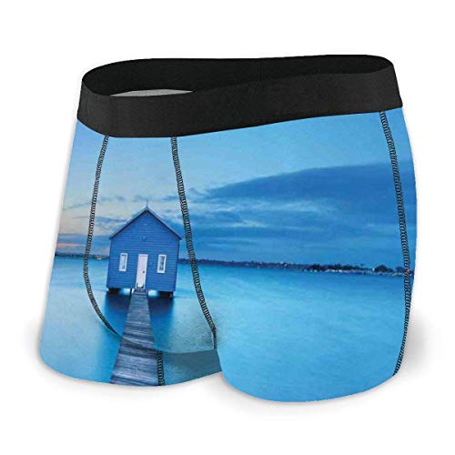 Calzoncillos bóxer para Hombre, Salida del Sol sobre el Agua Lakehouse Cabin Boardwalk Luz del Sol Nubes Horizon Nature Size XL