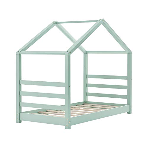 Cama para niños de Pino 160 x 80 cm Cama Infantil Forma de casa en Color Verde Menta Lacado Mate
