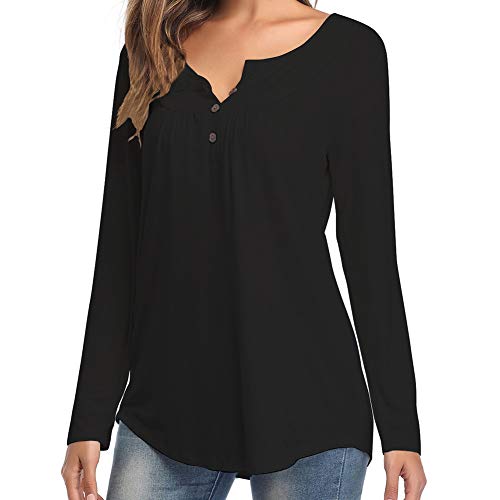 Camisa De Manga Larga con Botones con Cuello En V Y Talla Grande De OtoñO, Camiseta Suelta Plisada De Color SóLido