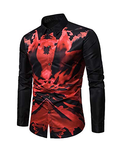 Camisa Hombre Slim Fit Manga Larga Impresión Digital de Tinta Fantasía Tops Camisa Casual Negro L