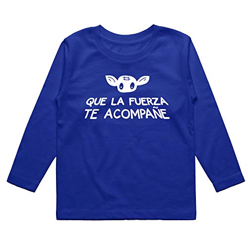 Camiseta niño Que la Fuerza te acompañe. Star Wars, La Guerra de Las Galaxias. Logo Comic. Fan Art Parodia. Bebé Friki. Manga Larga. (Azul, 7-8)
