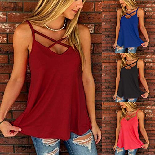 Camiseta Sin Mangas Mujer SHOBDW 2019 Nuevo Sexy Cuello Halter Cruzar Color Sólido Tops Blusa Playa de Verano Suelto Camiseta Mujer Tallas Grandes(Rojo 2,XL)