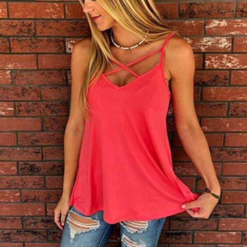 Camiseta Sin Mangas Mujer SHOBDW 2019 Nuevo Sexy Cuello Halter Cruzar Color Sólido Tops Blusa Playa de Verano Suelto Camiseta Mujer Tallas Grandes(Rojo 2,XL)