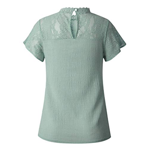 Camisetas Mujer SHOBDW Dia de la Mujer Verano Patchwork De Encaje Casual Ahuecar Volantes Manga Corta Suéter De Cuello De Tortuga Linda Blusa Floral Camiseta Blanca para Mujer (3XL, Verde)