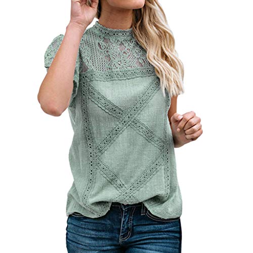 Camisetas Mujer SHOBDW Dia de la Mujer Verano Patchwork De Encaje Casual Ahuecar Volantes Manga Corta Suéter De Cuello De Tortuga Linda Blusa Floral Camiseta Blanca para Mujer (3XL, Verde)