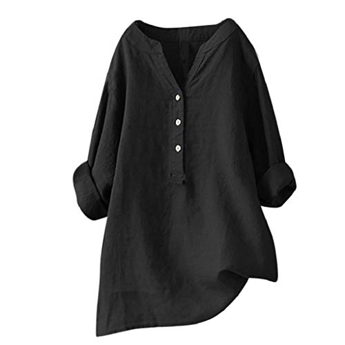Camisetas Mujer Tallas Grandes Heavy SHOBDW Camisa De Manga Larga con Cuello Alto Blusa Casual Botones con Botones Túnica Suelta Camiseta Solid para Mujer(Negro,3XL)