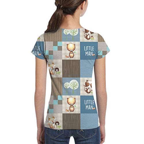 Camisetas para niñas 10-12, Edredón Fox de Woodland Little Man Patchwork Bear Mapache (Crema, Azul + Marrón) GingerLous_2667, XS