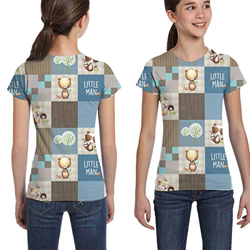 Camisetas para niñas 10-12, Edredón Fox de Woodland Little Man Patchwork Bear Mapache (Crema, Azul + Marrón) GingerLous_2667, XS