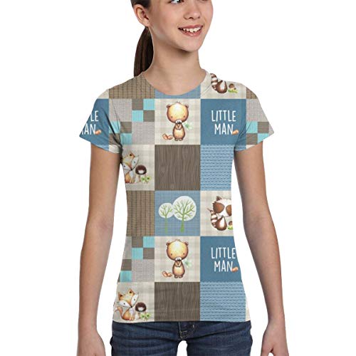Camisetas para niñas 10-12, Edredón Fox de Woodland Little Man Patchwork Bear Mapache (Crema, Azul + Marrón) GingerLous_2667, XS