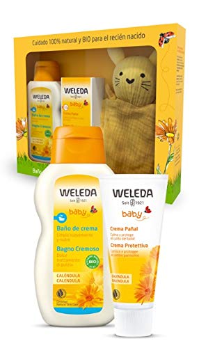 Canastilla BIO"Descubrimiento Bebé" | Con productos WELEDA Caléndula y Su Primer Doudou | Tono UNISEX | Se envía con: muestras gratuitas y una tarjeta marca-paginas!
