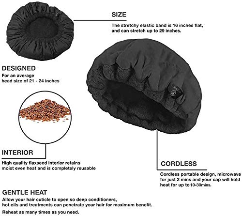 Candeer Gorro Termico para Mascarilla 100% Natural con Semillas de Lino, Gorro Termico Peluqueria, Gorro Microondas, Gorra Termica Mujer Inalámbrico para Todo Tipo y Textura de Cabello (Negro)