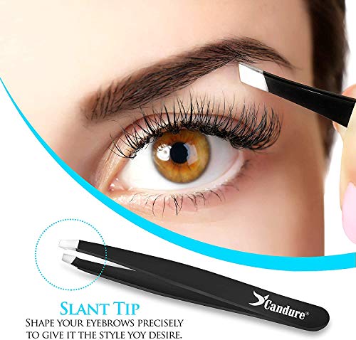Candure Pinzas Depilar Profesionales - Pinza de Pelo de Acero Inoxidable de Punta para Pelos Faciales, Espinillas y Astillas - Juego de 4 Puntiagudo Inclinado Plano y Punta Inclinada puntiaguda