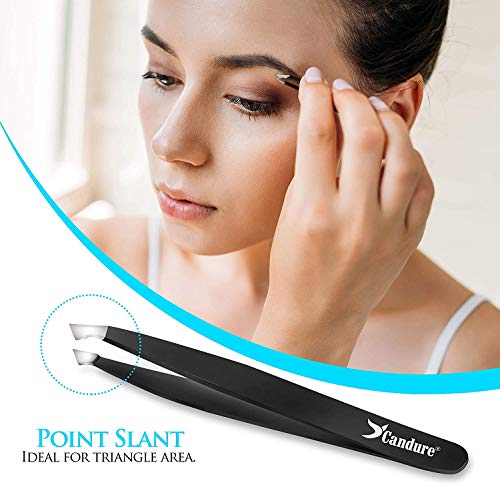 Candure Pinzas Depilar Profesionales - Pinza de Pelo de Acero Inoxidable de Punta para Pelos Faciales, Espinillas y Astillas - Juego de 4 Puntiagudo Inclinado Plano y Punta Inclinada puntiaguda