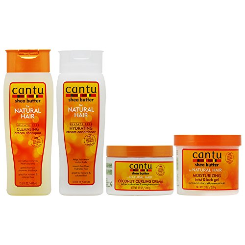 Cantu - Kit de champú limpiador, crema acondicionadora hidratante, crema hidratante para rizos de coco natural y gel hidratante con manteca de karité