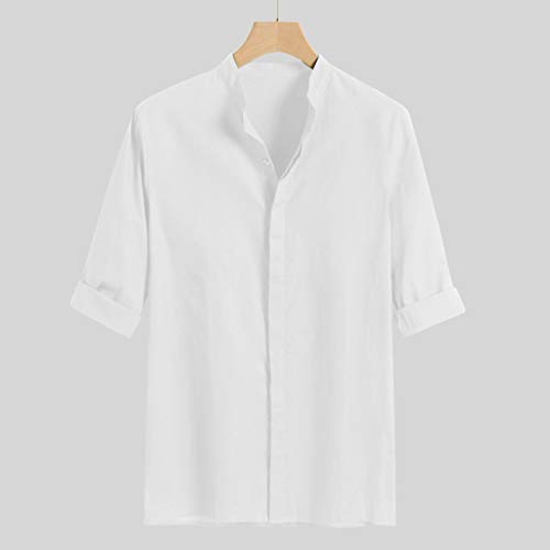 CAOQAO Camisa Hombre Manga Larga Baggy Linen Blend Solid Cuatro Colores