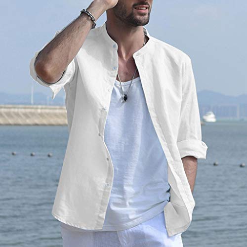 CAOQAO Camisa Hombre Manga Larga Baggy Linen Blend Solid Cuatro Colores