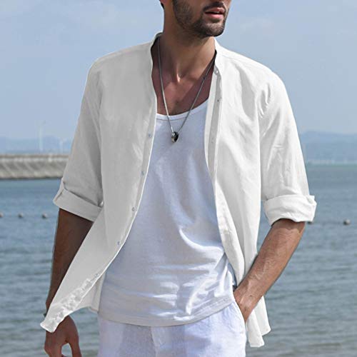 CAOQAO Camisa Hombre Manga Larga Baggy Linen Blend Solid Cuatro Colores