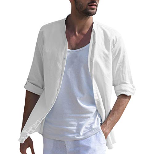 CAOQAO Camisa Hombre Manga Larga Baggy Linen Blend Solid Cuatro Colores