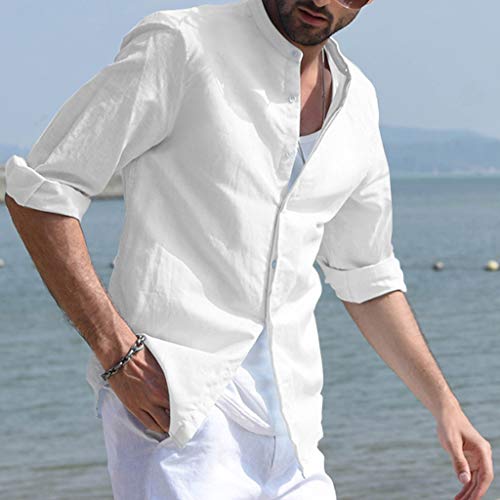 CAOQAO Camisa Hombre Manga Larga Baggy Linen Blend Solid Cuatro Colores