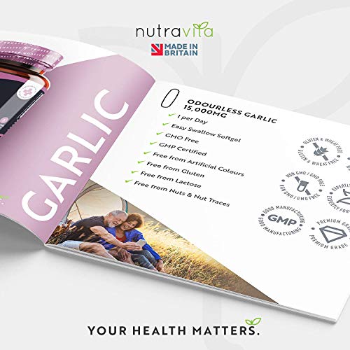 Cápsulas de Ajo sin Olor de Alta Potencia 15000 mg - 180 Cápsulas blandas de gelatina de Aceite de Ajo sin Olor de Allium sativum – Suministro para 6 meses - Elaborado en el Reino Unido por Nutravita